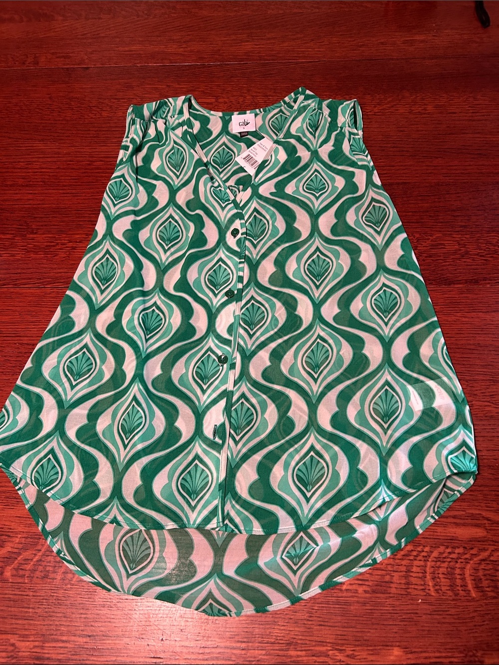CAbi Green and White Geometric Sleeveless Blouse